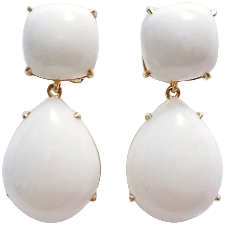 Light clay earrings-Yellow Gold Pear Drop Earring with White Jade