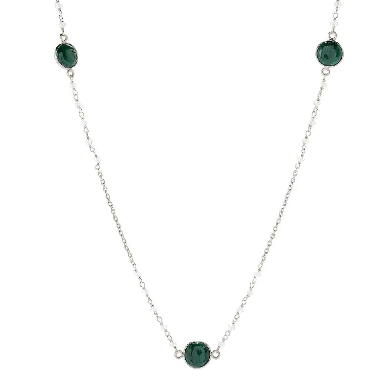 Nine-strand necklaces-Sterling Silver 36" 10mm Malachite & Rainbow Moonstone Station Necklace