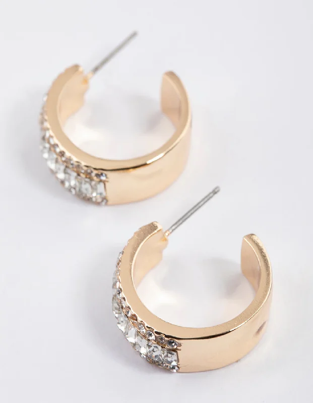 Square stud earrings-Gold Baguette Diamante Small Hoop Earrings