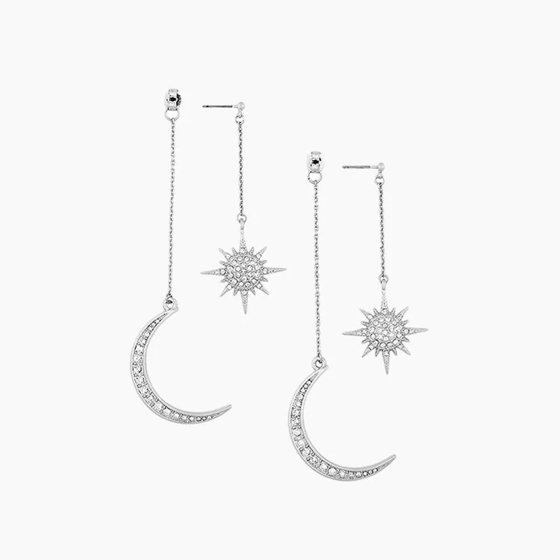 Wide bar earrings-Moon And Star Dangle Earrings