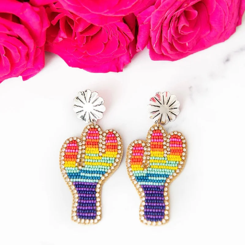 Onyx gem earrings-Rainbow Beaded Cactus Earrings