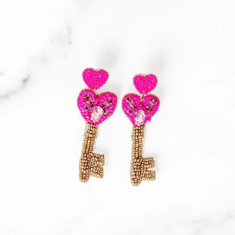 Shiny gold earrings-Key To My Heart Beaded Earrings