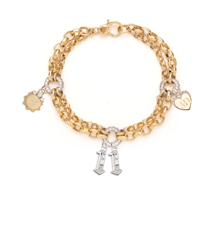 Polished word bangles-Numbers, Engravable & Pave Heart Festoon Chain Bracelet : in Yellow Gold with Diamonds