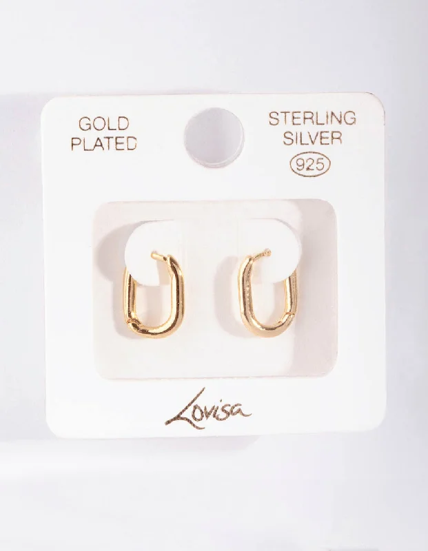 Thin hoop earrings-Gold Plated Sterling Silver Long Oval Huggie Earrings