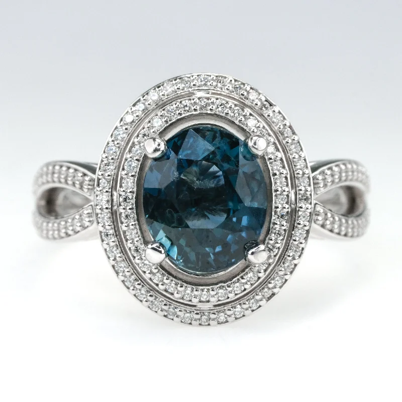 Rustic lock engagement rings-18K White Gold GIA 3.10ct Oval Blue Sapphire & Diamond Double Halo Ring Size 7