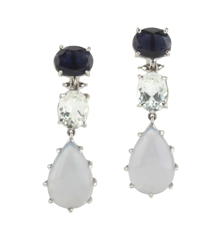 Thin pearl earrings-18kt White Gold Three Stone Drop Earring with Iolite, Rock Crystal, and Chalcedony