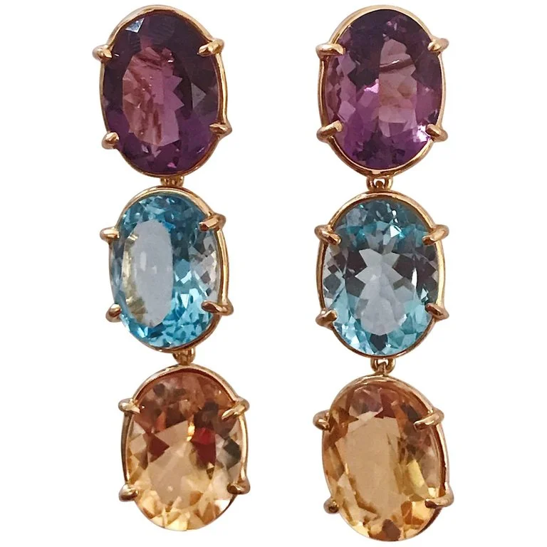 Curved design earrings-Elegant Three-Stone Drop Earring with Amethyst and Blue Topaz and Citrine