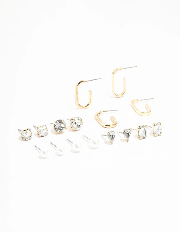 Leaf design earrings-Gold Hoop & Diamante Stud Earrings 8-Pack