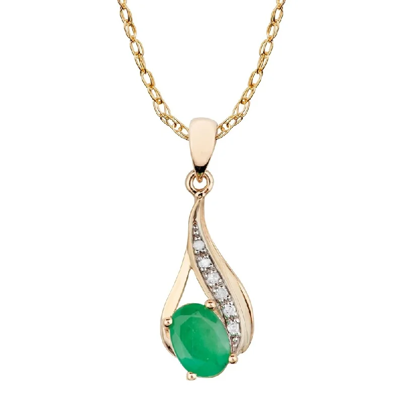 Topaz drop necklaces-Viducci 10k Yellow Gold Genuine Oval Emerald and Diamond Drop Pendant Necklace