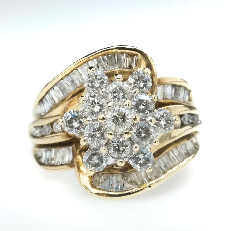 Spiral gem engagement rings-2.28ctw Round & Baguette Cut Diamond Cluster Ring in 10K Yellow Gold