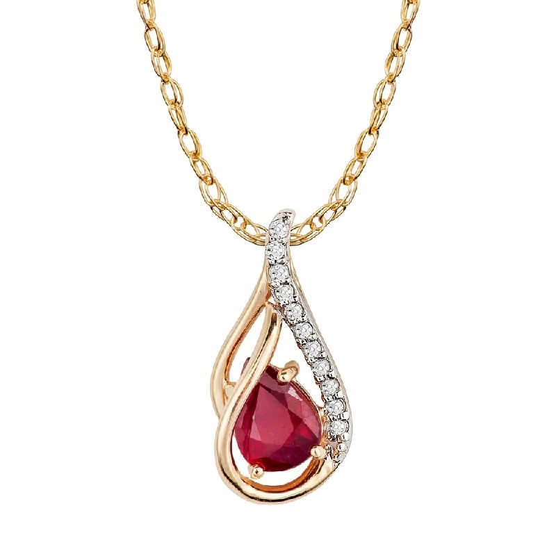 Surf wave necklaces-Viducci 10k Yellow Gold Genuine Pear-shape Ruby and Diamond Halo Drop Pendant Necklace