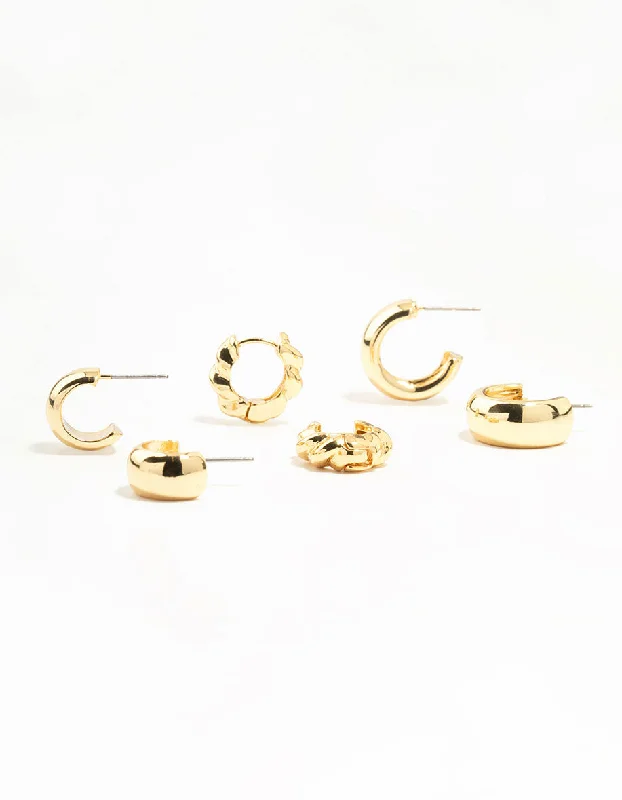 Sleek drop earrings-Gold Plated Plain & Twisted Chubby Hoop Earrings 3-Pack