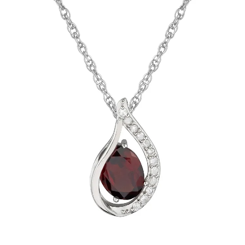 Elegant design necklaces-Viducci 10k White Gold Genuine Oval Garnet and Diamond Halo Drop Pendant Necklace