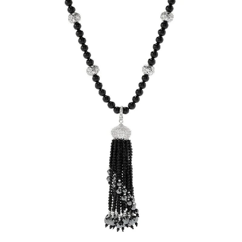 Spinel necklaces-Sterling Silver 30" Onyx, Hematite & White Topaz Bead Tassel Necklace