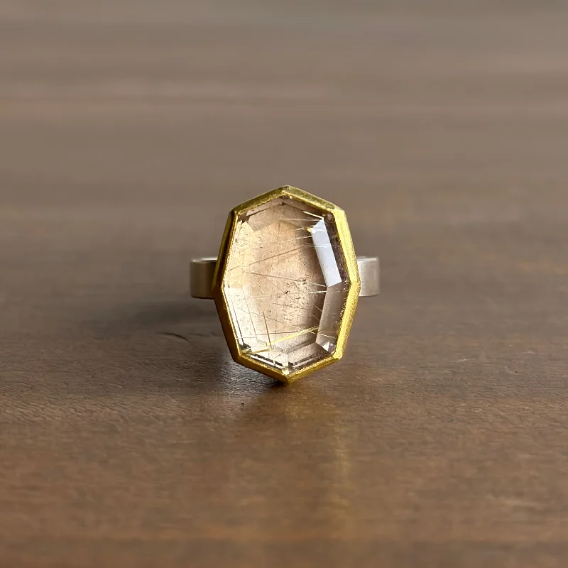 Large Smoky Rutilated Quartz Tablet Ring