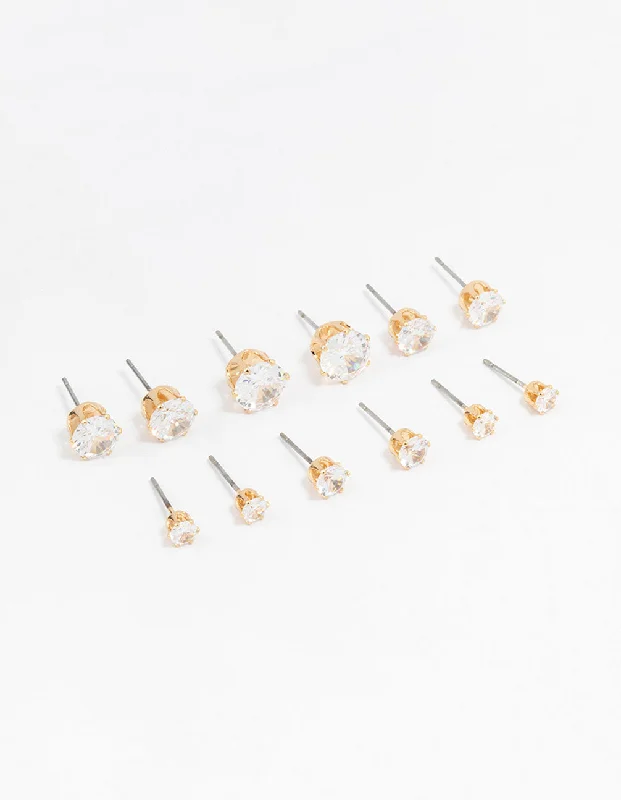 Topaz earrings-Classic Gold Round Cubic Zirconia Earrings 6-Pack