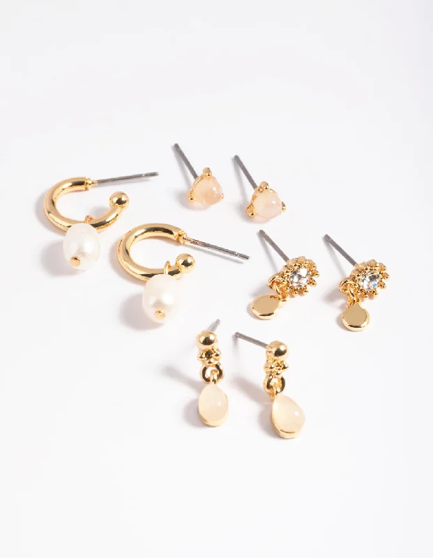 Bold cuff earrings-Gold Plated Rose Quartz & Freshwater Pearl Earring Stack 4-Pack