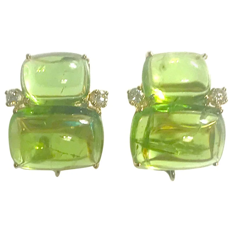 Agate drop earrings-18Kt Yellow Gold Cushion Cut Cabochon Peridot Earrings with Diamonds