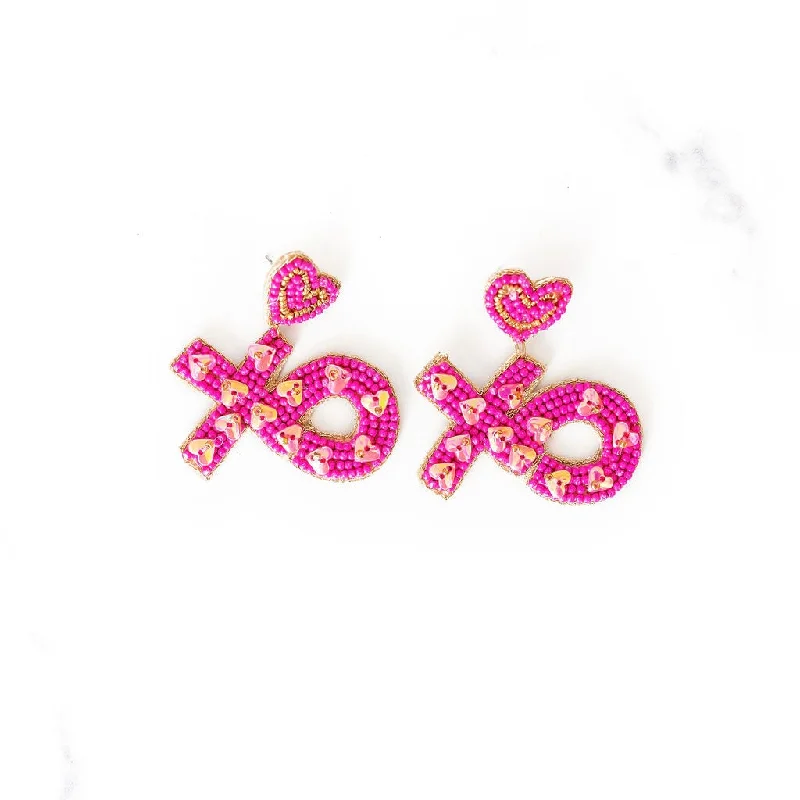 Patina brass earrings-XO Beaded Earrings | Hot Pink