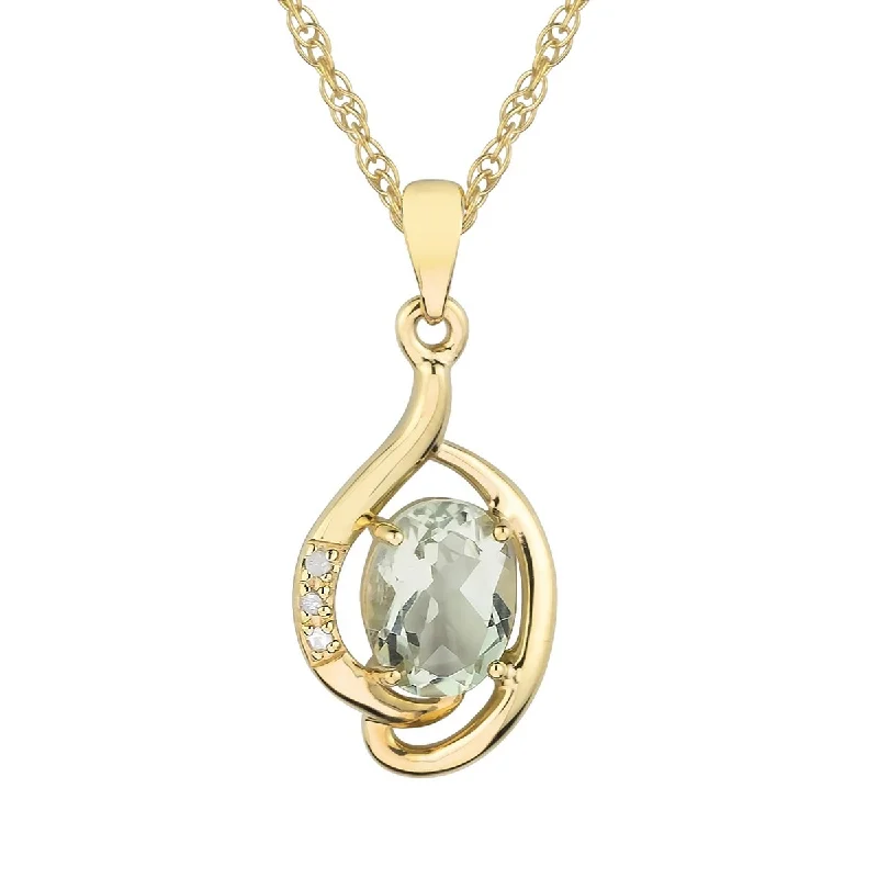 Wave pattern necklaces-Viducci 10k Yellow Gold Genuine Oval Green Amethyst and Diamond Pendant Necklace