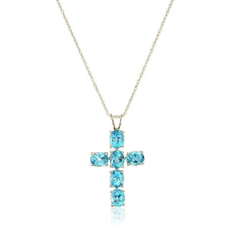 Bold cross necklaces-10k Yellow Gold Swiss Blue Topaz Oval Cross Pendant Necklace, 18"