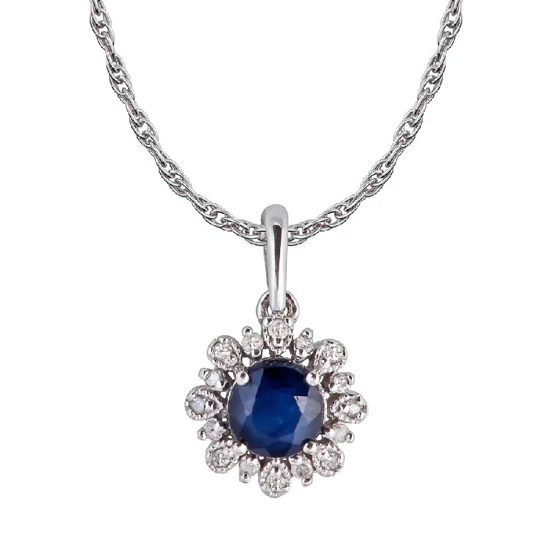 Worn style necklaces-Viducci 10k White Gold Genuine Round Sapphire and Diamond Vintage Style Halo Pendant Necklace