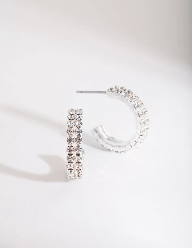 Twine bead earrings-Silver Mini Diamante Hoop Earrings