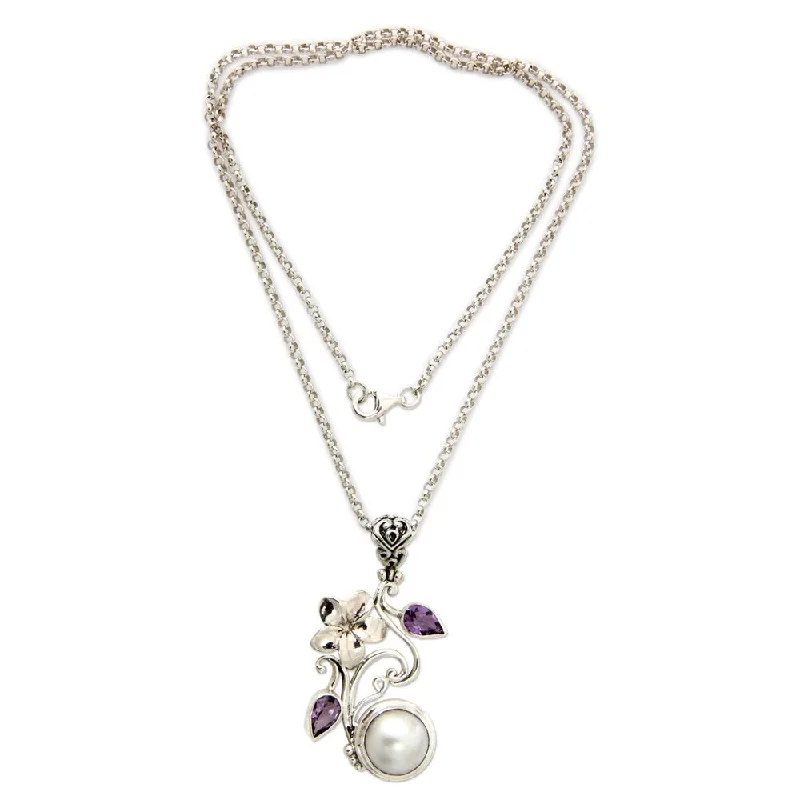 Ethnic tassel necklaces-Handmade Silver 'Bali Garden' Pearl Amethyst Necklace (13.5mm) (Indonesia)