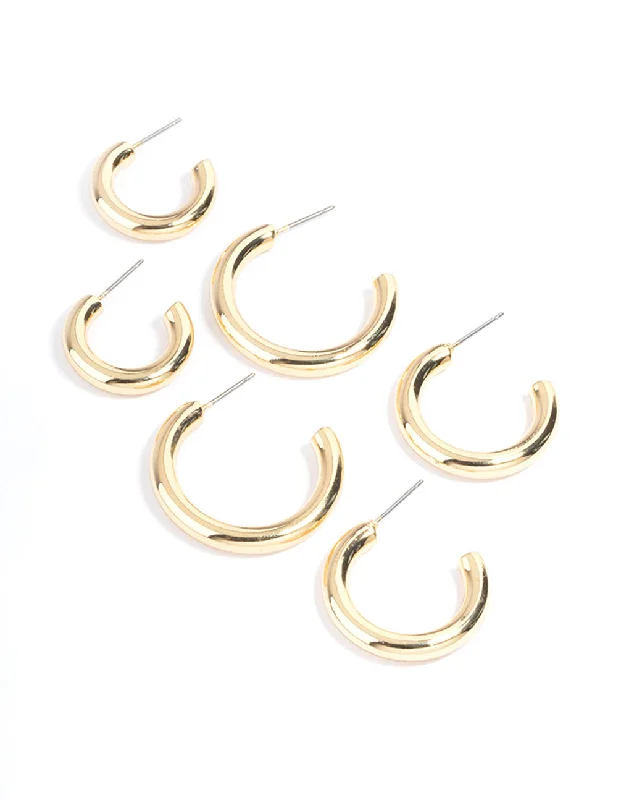 Fluid art earrings-Gold Plated Chunky Hoop Earrings Pack