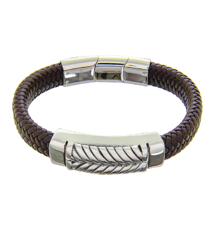 Cord edge bangles-Mens Bracelet 21-23 cm Steel Bangle with Brown Leather and extender