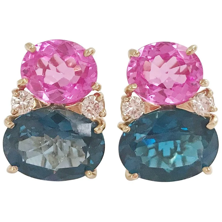 Victorian style earrings-Large GUM DROP™ Earrings with Hot Pink and Deep Blue Topaz and Diamonds