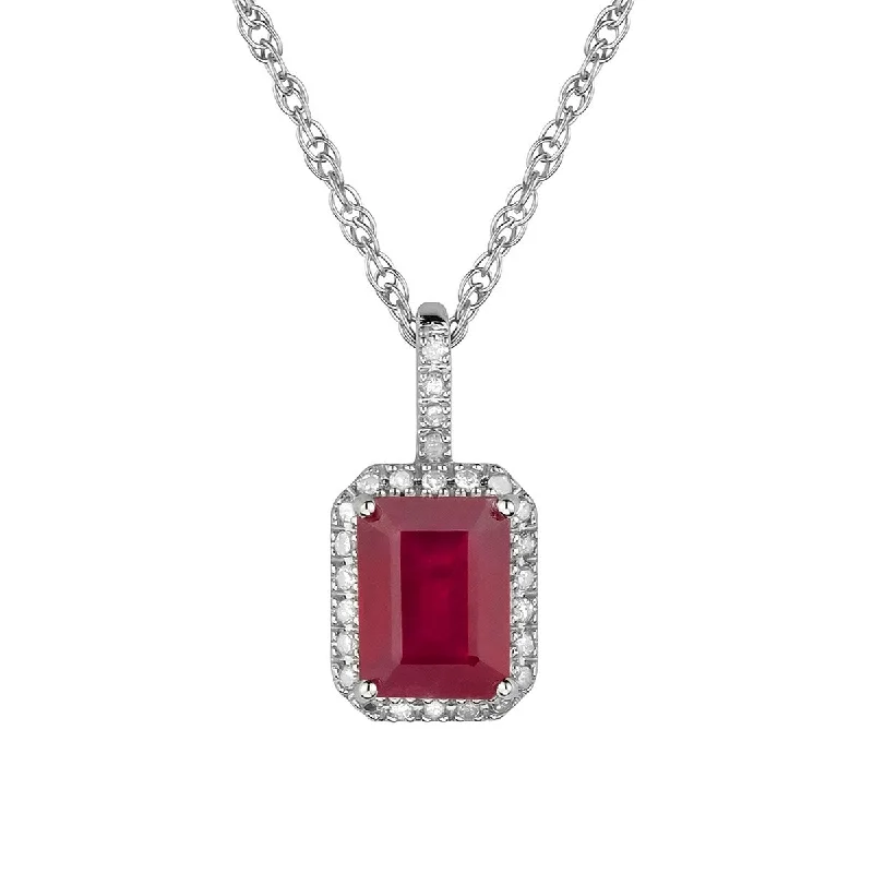 Half moon necklaces-Viducci 10k White Gold Genuine Emerald-Cut Ruby and Diamond Halo Necklace