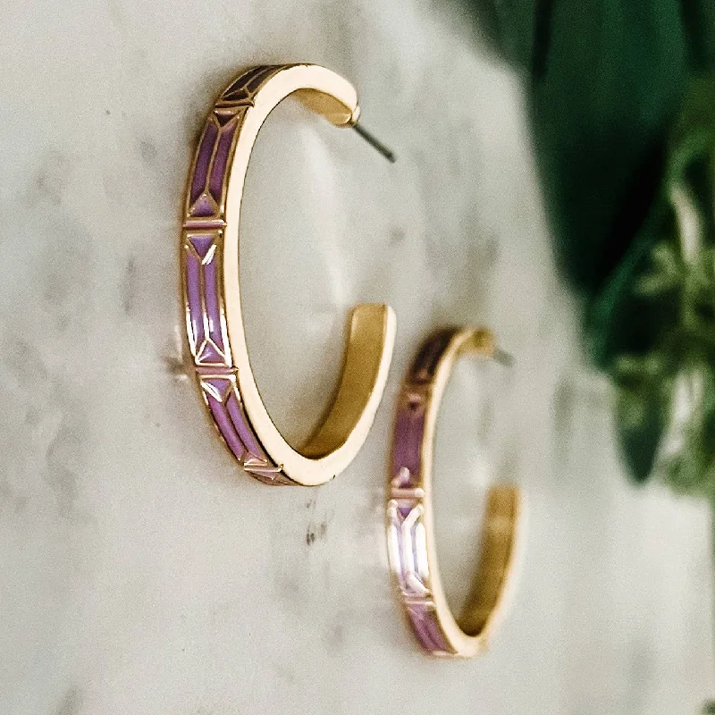 Thin threader earrings-Purple Enamel and Gold Hoop Earrings