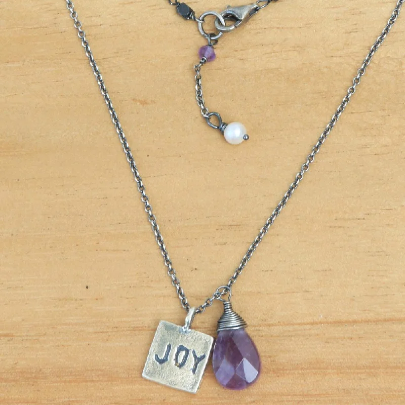 Layered link necklaces-Handmade Sterling Silver 'Inspiring Joy' Amethyst Cultured Pearl Necklace (4 mm) (Indonesia) - 0.5" L x 0.4" W x 0.1" D