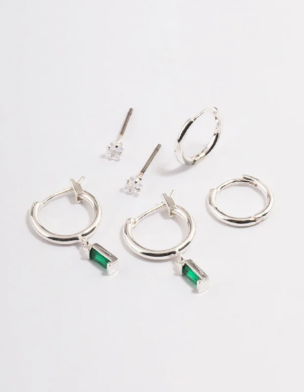 Worn medallion earrings-Silver Plated Brass  Cubic Zirconia Emerald Cut Huggie Earrings 6-Pack