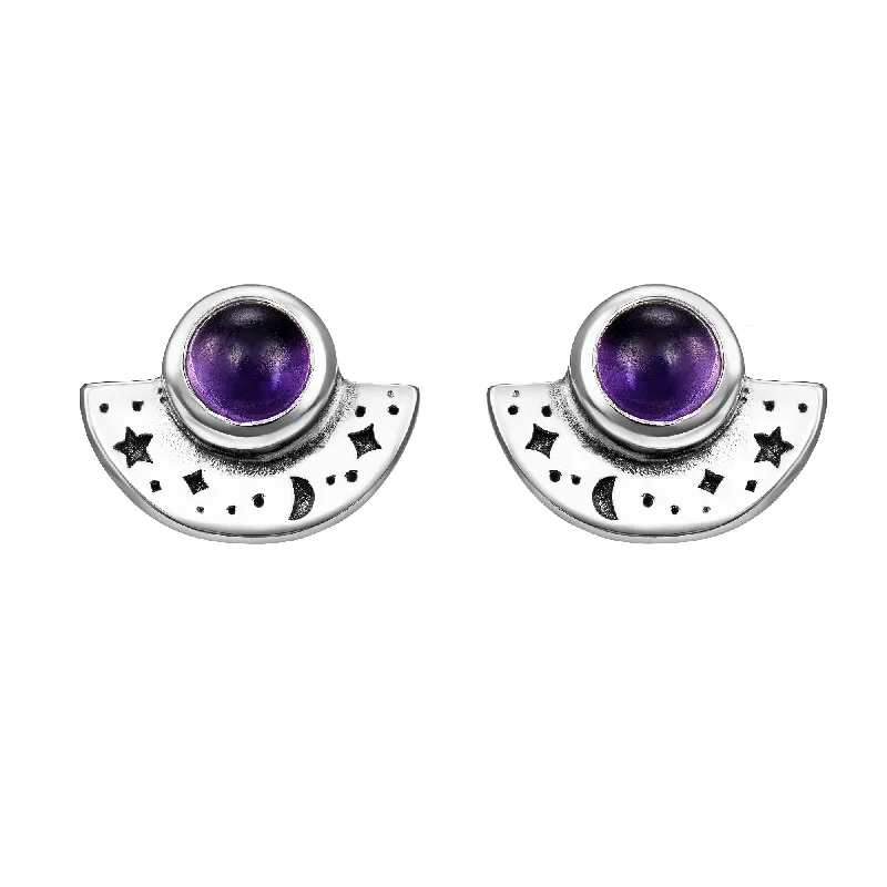 Rough texture earrings-NIGHTFALL - Amethyst & Sterling Silver Studs