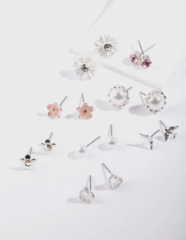 Crystal-twisted earrings-Silver Flower Pearl Earring 8-Pack