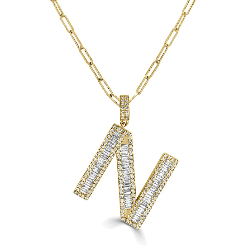 Oval gem necklaces-Joelle Diamond Baguette Large Initial Paperclip Link Necklace 14K Yellow Gold - N