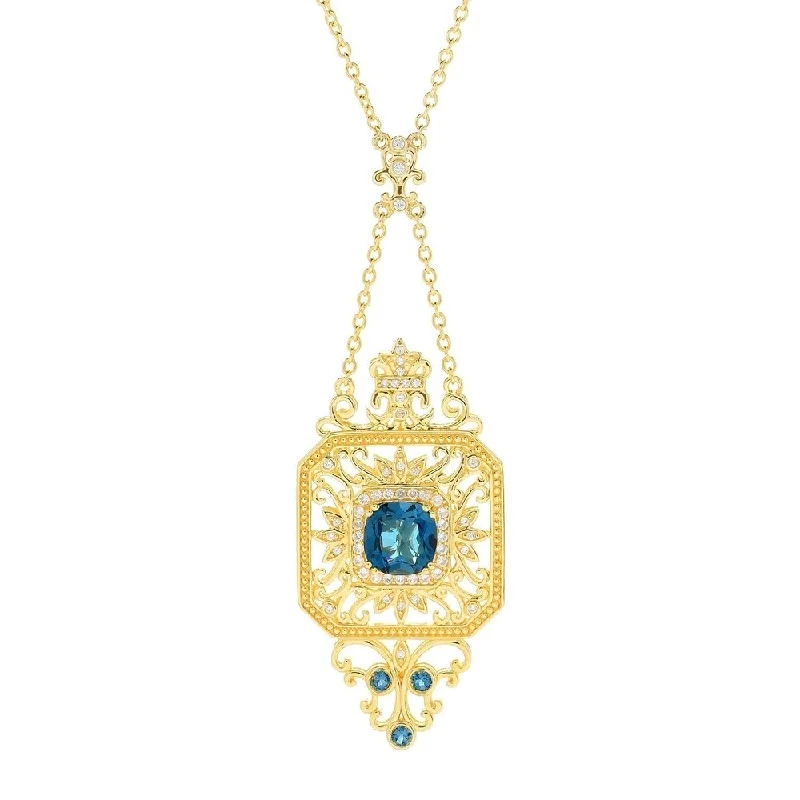 Faith charm necklaces-London Blue Topaz & White Zircon Filigree Necklace 18" 5.72ctw