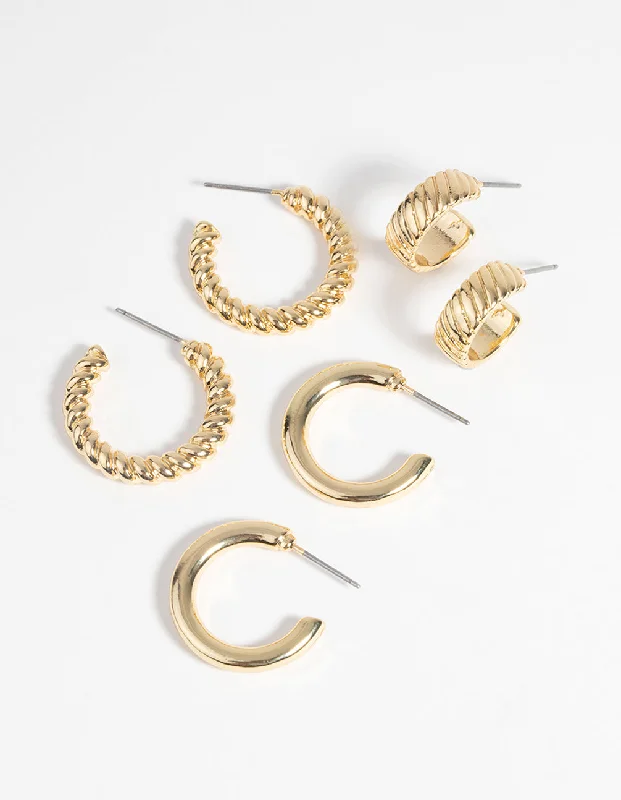 Aged bronze earrings-Gold Plated Twisted Hoop Earring Pack