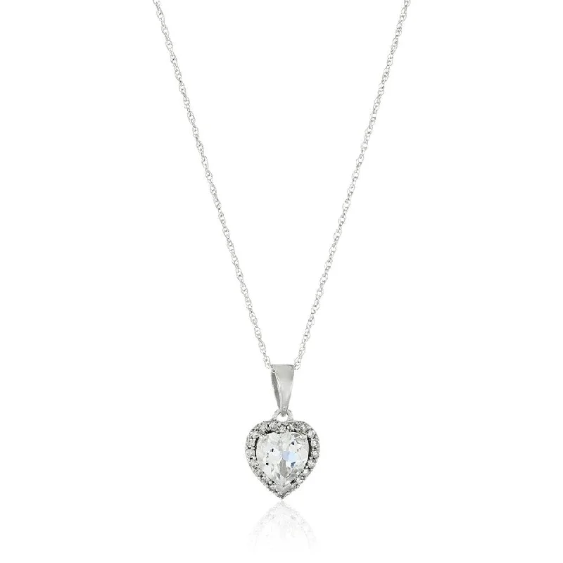 Linen cord necklaces-10k White Gold White Topaz Heart and Diamond Pendant Necklace, 18"