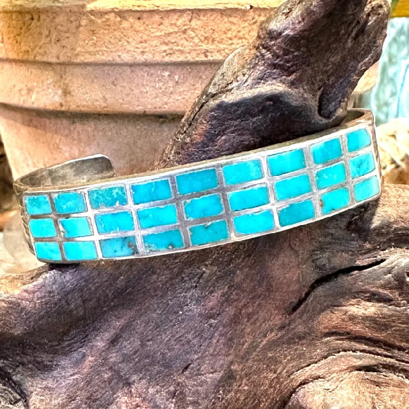 Pink gold bangles-Vintage Zuni Sterling Silver Turquoise Window Pane Bracelet