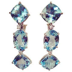 Smooth drop earrings-18kt White Gold Blue Topaz and Diamond Three Stone Cushion Drop Earring