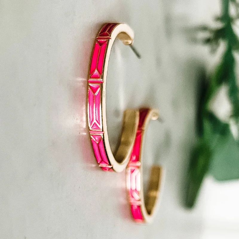 Thin hoop earrings-Bright Pink Enamel and Gold Hoop Earrings