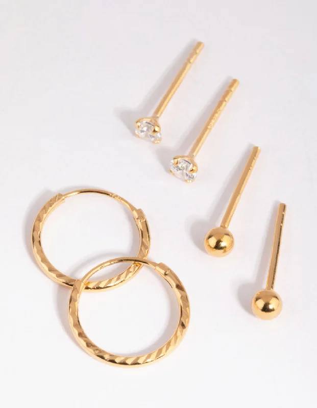 Half moon earrings-Gold Plated Sterling Silver Ball Stud & Hoop Earring Pack