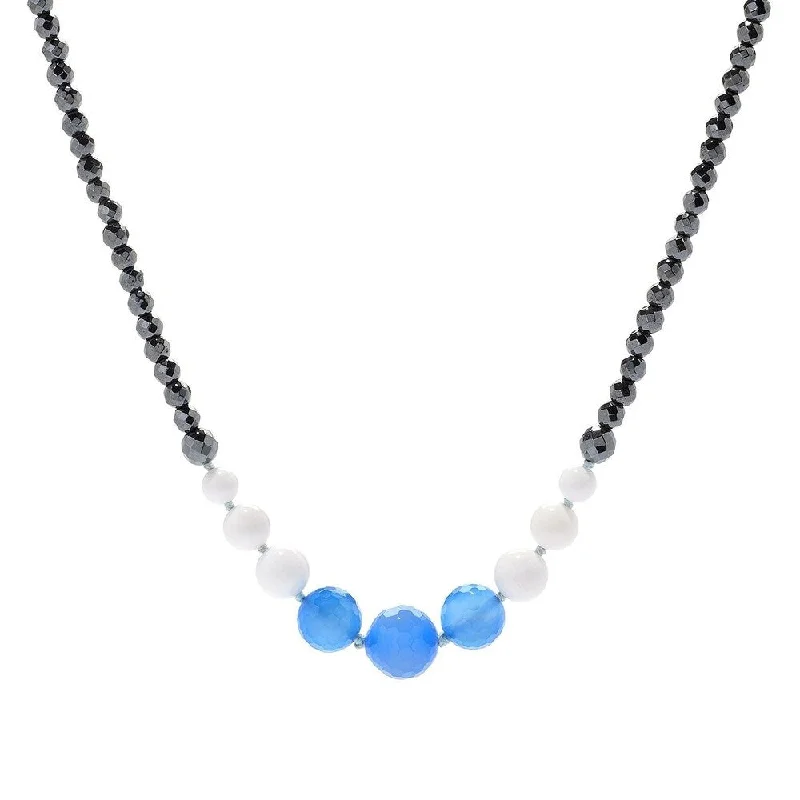 Pure crystal necklaces-Aqua Chalcedony Hematite, White Agate & Gemstone Bead Necklace 42"