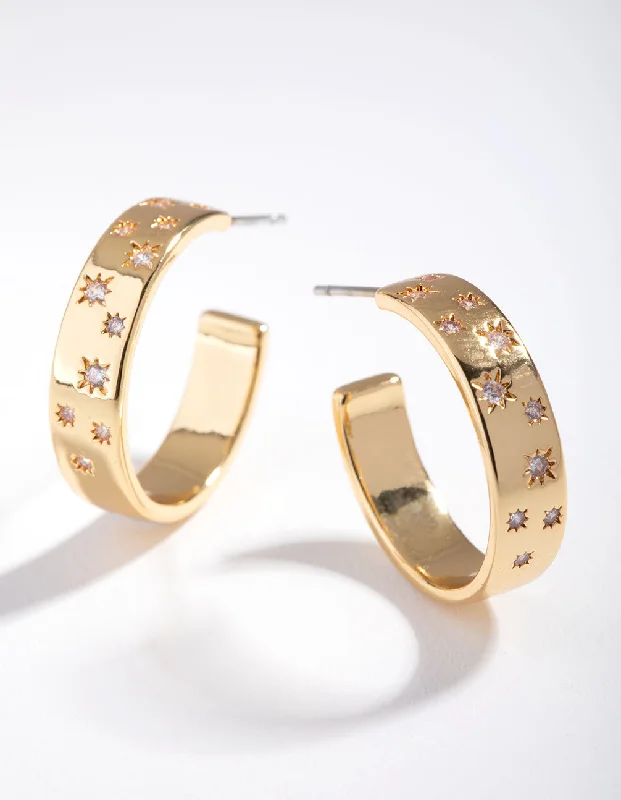 Thick tier earrings-Gold Plated Diamante Star Hoop Earrings