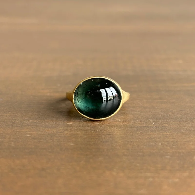 Blue/Green Oval Tourmaline Cabochon Horizontal Cast Ring