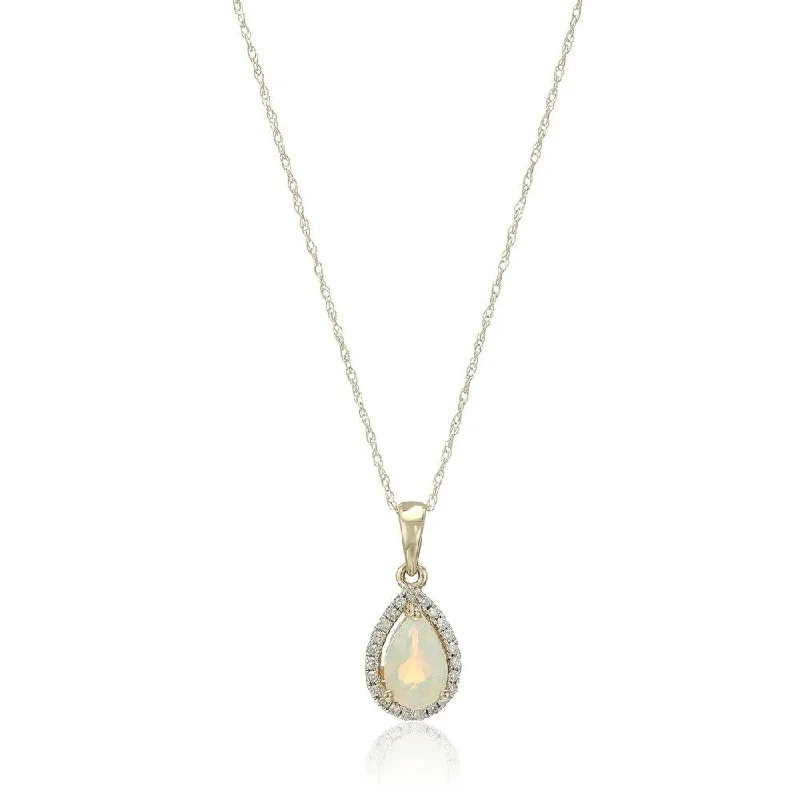 Spring clasp necklaces-10k Yellow Gold Ethiopian Opal, Diamond Princess Diana Necklace, 18" - White