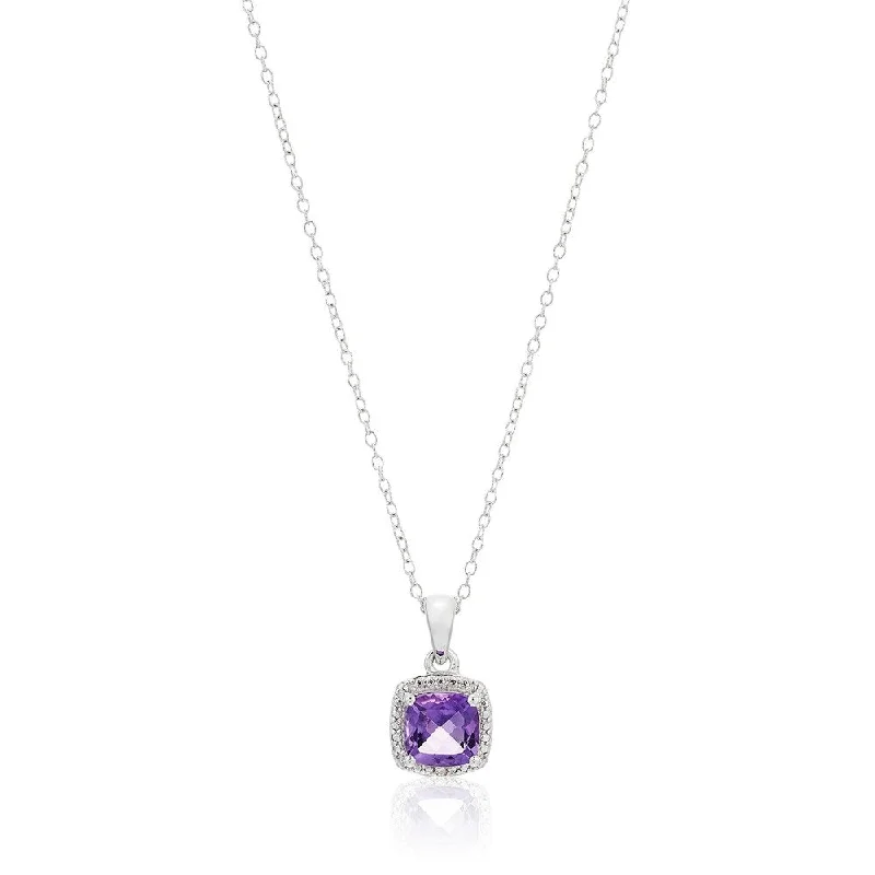 Faith charm necklaces-Ster Silver Cushion Amethyst & Diamond Accented Pendant Necklace, 18"